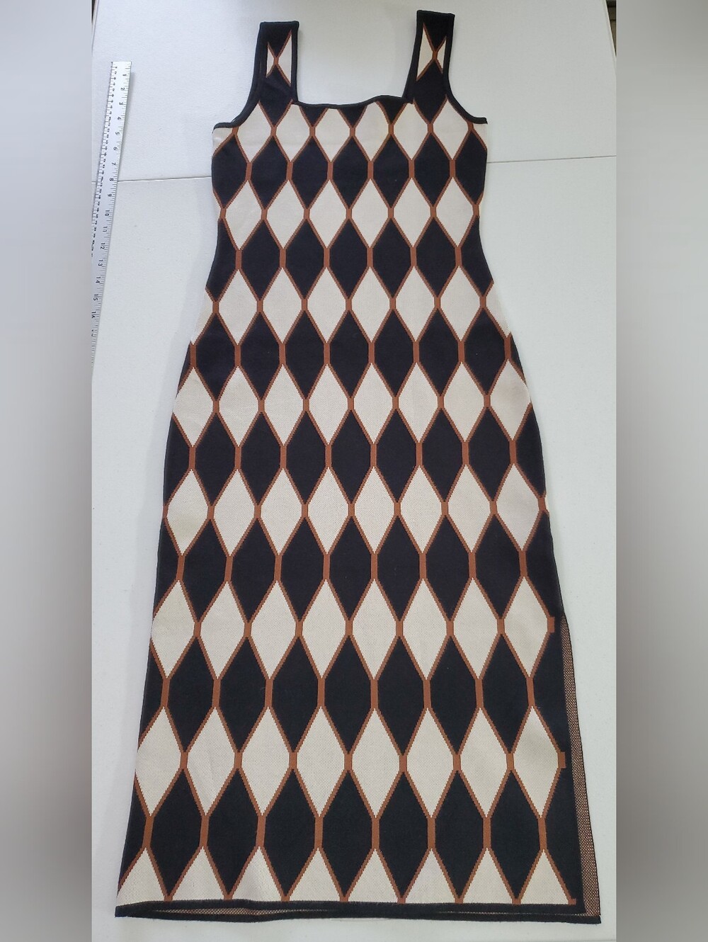 House of Harlow 1960 Black Cream Diamond Print Maxi Dress with Brown Accents